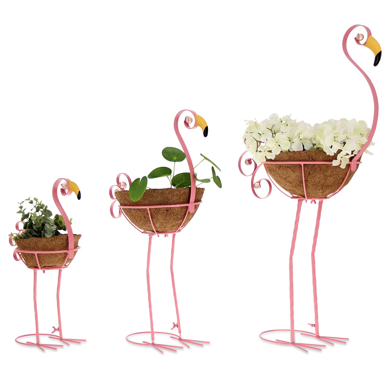 7Penn Flamingo Yard Decor Set of 3 Flower Planters - Pink Metal Lawn Ornaments